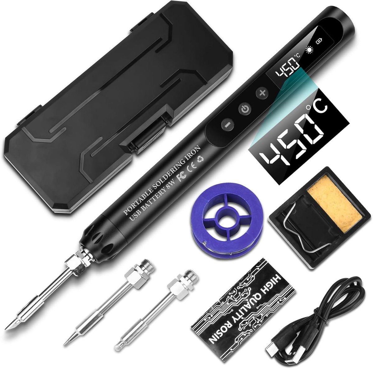 Soldeerboutset met LCD, accu soldeerbout, keramische verwarmingskern, instelbare temperatuur 200-450℃, 3 soldeerpunten, mini soldeerstation Geschikt voor kleine reparaties zoals printplaten