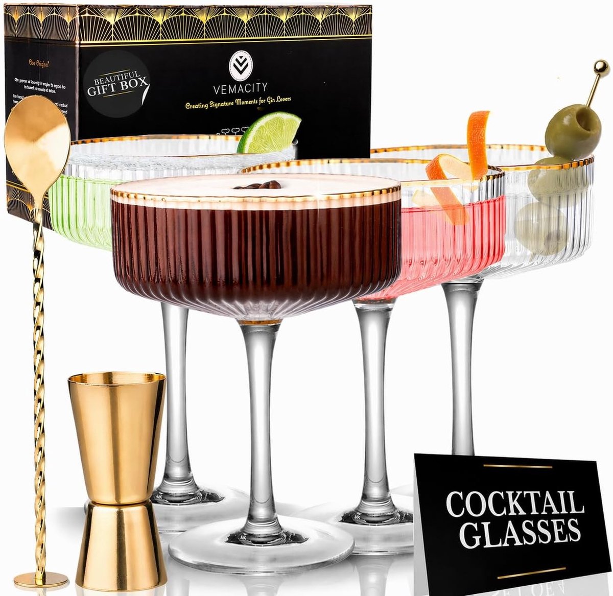 Geribbelde cocktailglazen set van 4 met gouden rand - 300 ml coupe glazen voor espresso martini, champagne en cocktails