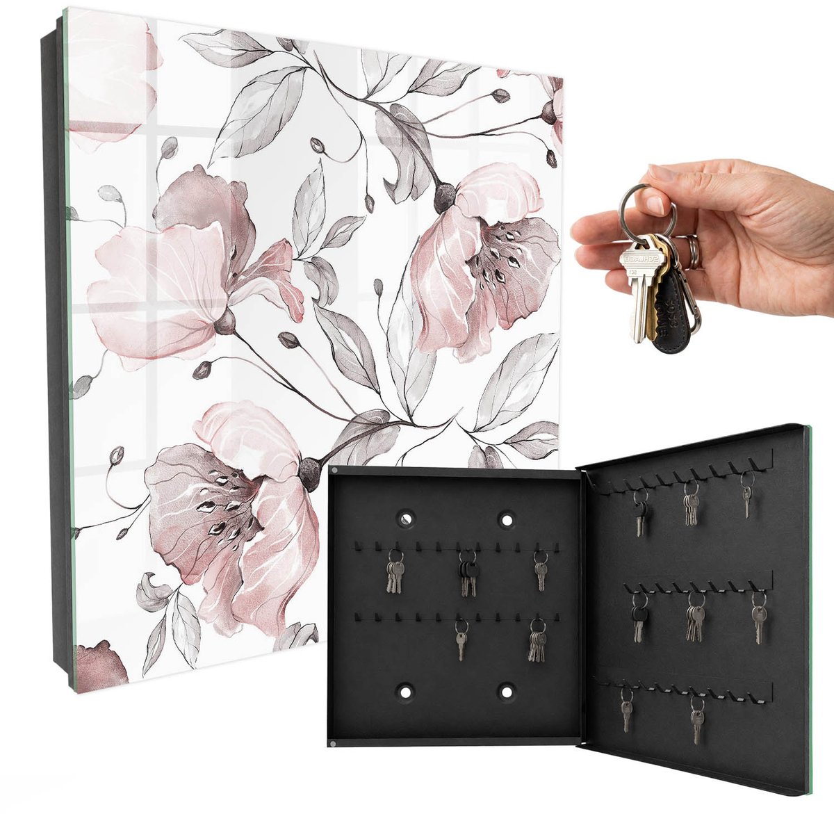 WallMuralia - Sleutelkast - 30x30x5 cm - met 50 haken - Romantisch Patroon Sleutelkastje Landelijk - Grijs Sleutelbox - Rechtsopenend - Zwart interieur