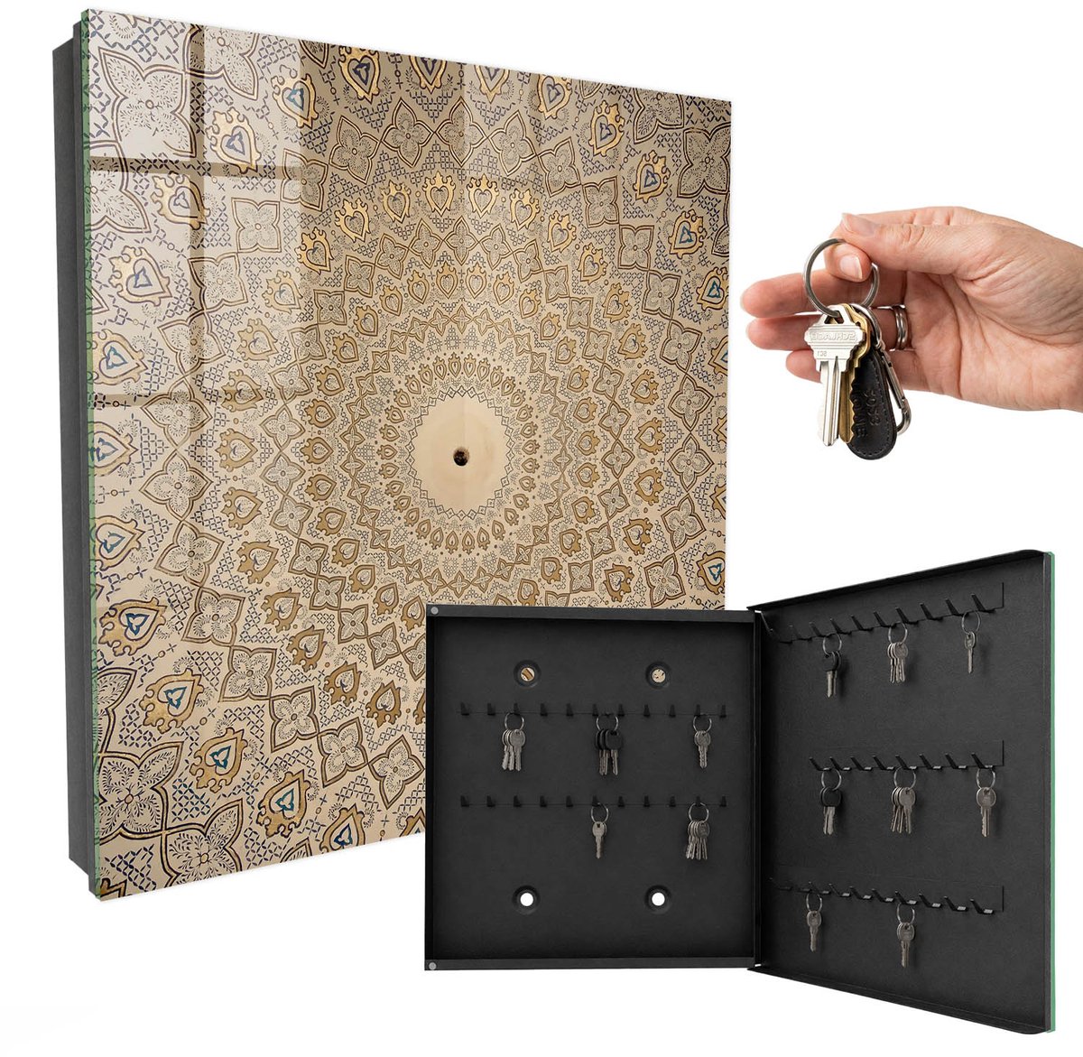 WallMuralia - Sleutelkast - 30x30x5 cm - met 50 haken - Decoratieve Mandala Sleutelkastje Klein - Beige Sleutelbox - Rechtsopenend - Zwart interieur