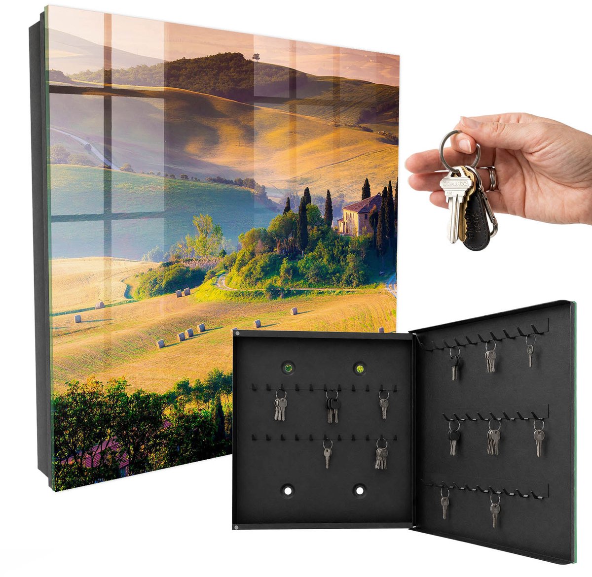 WallMuralia - Sleutelkast - 30x30x5 cm - met 50 haken - Toscaanse Idylle Sleutelkastje Landelijk - Geel Sleutelbox - Rechtsopenend - Zwart interieur