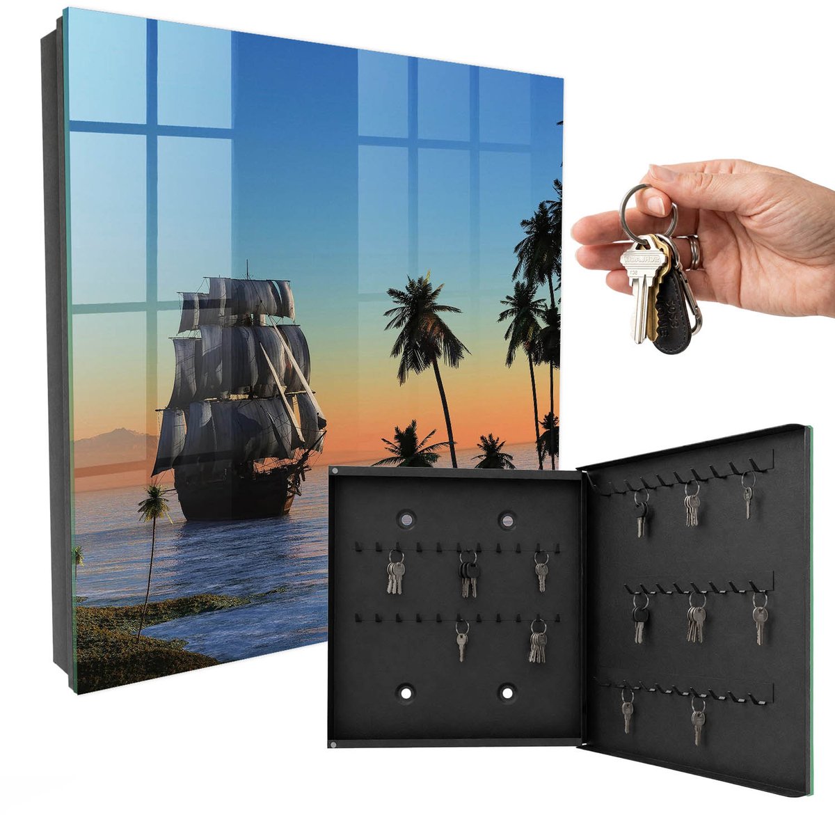 WallMuralia - Sleutelkast - 30x30x5 cm - met 50 haken - Zeilschip Sleutelkastje Muur - Blauw Sleutelbox - Rechtsopenend - Zwart interieur
