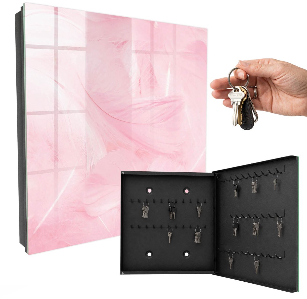 WallMuralia - Sleutelkast - 30x30x5 cm - met 50 haken - Roze Veren Sleutelkastje Binnen - Roze Sleutelbox - Rechtsopenend - Zwart interieur