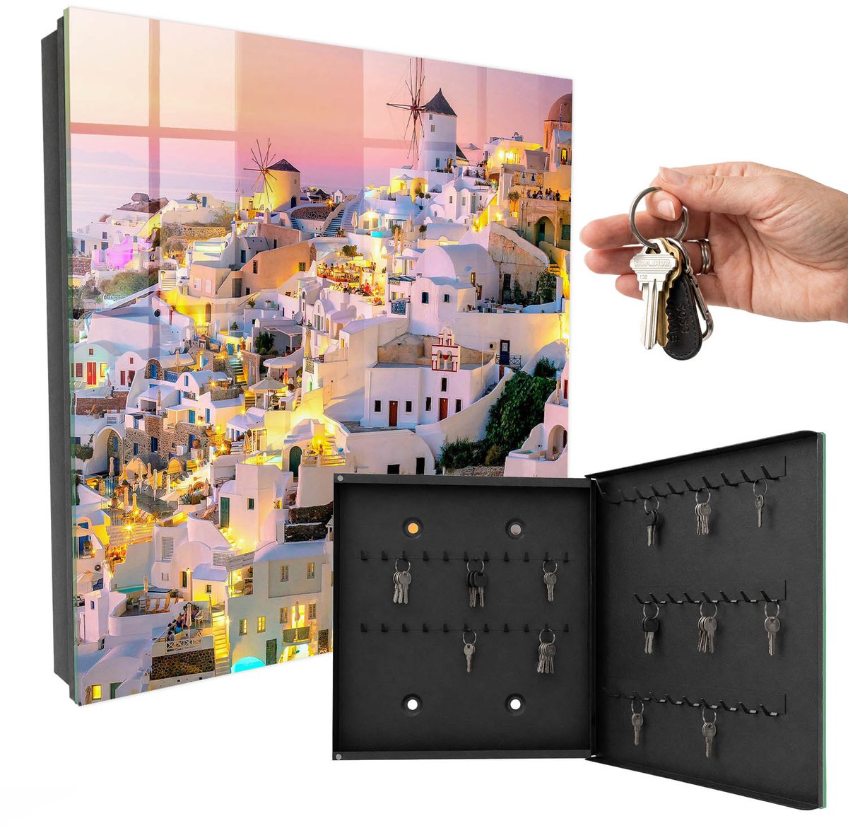WallMuralia - Sleutelkast - 30x30x5 cm - met 50 haken - Grieks Landschap Sleutelkastje Muur - Wit Sleutelbox - Rechtsopenend - Zwart interieur