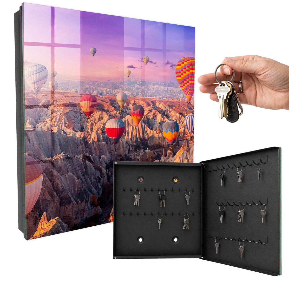 WallMuralia - Sleutelkast - 30x30x5 cm - met 50 haken - Ballonnen In De Lucht Design Sleutelkastje - Roze Sleutelbox - Rechtsopenend - Zwart interieur