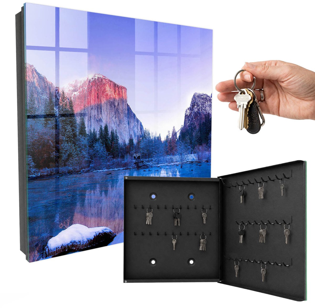 WallMuralia - Sleutelkast - 30x30x5 cm - met 50 haken - De Magie Van Het Landschap Sleutelkastje Landelijk - Blauw Sleutelbox - Rechtsopenend - Zwart interieur