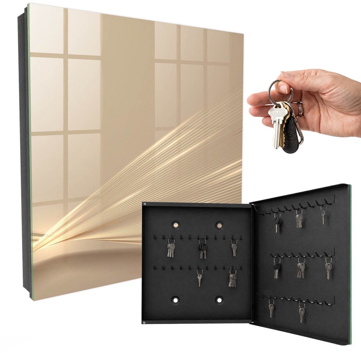 WallMuralia - Sleutelkast - 30x30x5 cm - met 50 haken - Minimalistische Lijnen Sleutelkastje Voor Binnen - Beige Sleutelbox - Rechtsopenend - Zwart interieur