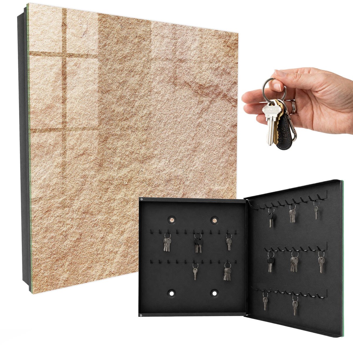 WallMuralia - Sleutelkast - 30x30x5 cm - met 50 haken - Zandpatroon Sleutelkastje Binnen - Beige Sleutelbox - Rechtsopenend - Zwart interieur