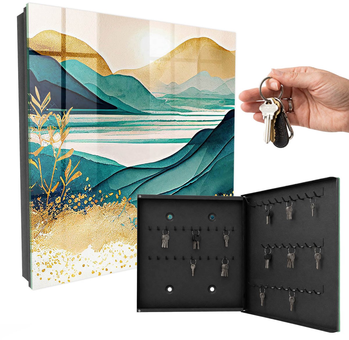 WallMuralia - Sleutelkast - 30x30x5 cm - met 50 haken - Turkooizen Bergen Sleutelkastje Klein - Turkoois Sleutelbox - Rechtsopenend - Zwart interieur