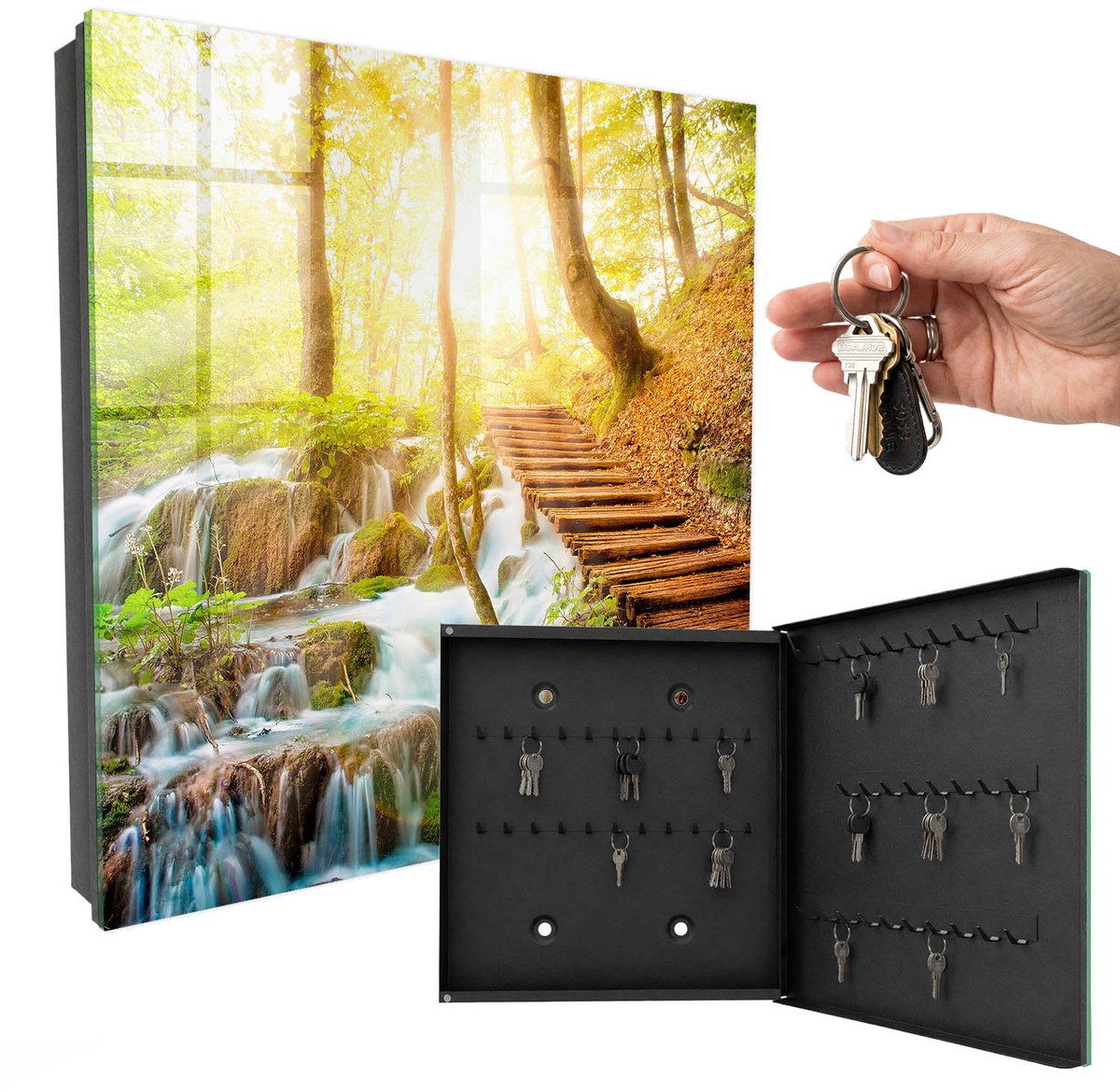 WallMuralia - Sleutelkast - 30x30x5 cm - met 50 haken - Een Boshoek Sleutelkastje Hal - Groente Sleutelbox - Rechtsopenend - Zwart interieur
