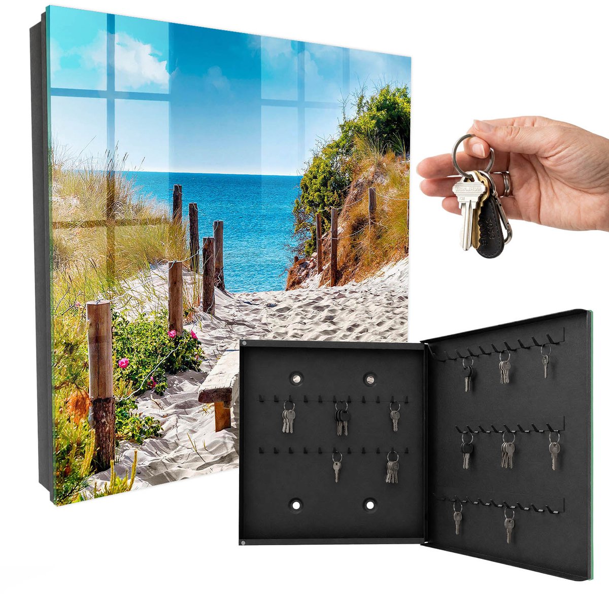 WallMuralia - Sleutelkast - 30x30x5 cm - met 50 haken - Pad Langs De Kust Sleutelkastje Binnen - Blauw Sleutelbox - Rechtsopenend - Zwart interieur