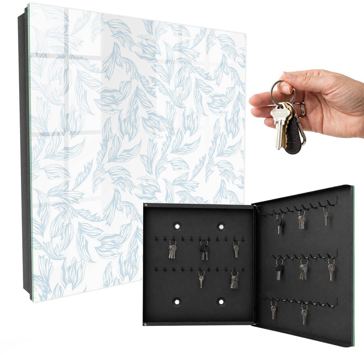 WallMuralia - Sleutelkast - 30x30x5 cm - met 50 haken - Bloemenpatroon Sleutelkastje Gang - Wit Sleutelbox - Rechtsopenend - Zwart interieur