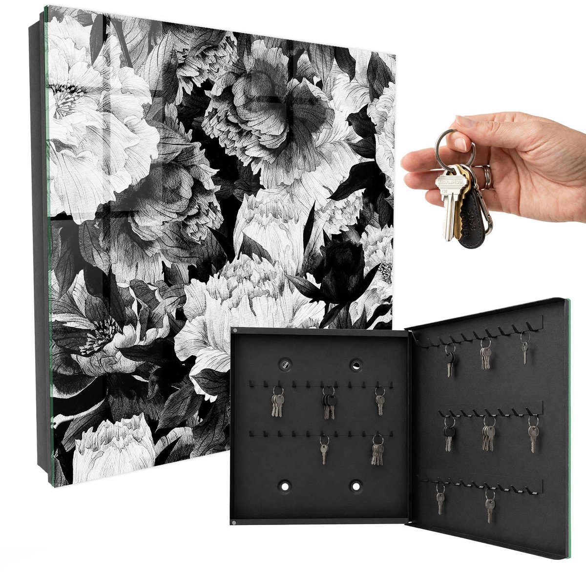 WallMuralia - Sleutelkast - 30x30x5 cm - met 50 haken - Zwart-Witte Bloemen Sleutelkastje Huis - Grijs Sleutelbox - Rechtsopenend - Zwart interieur
