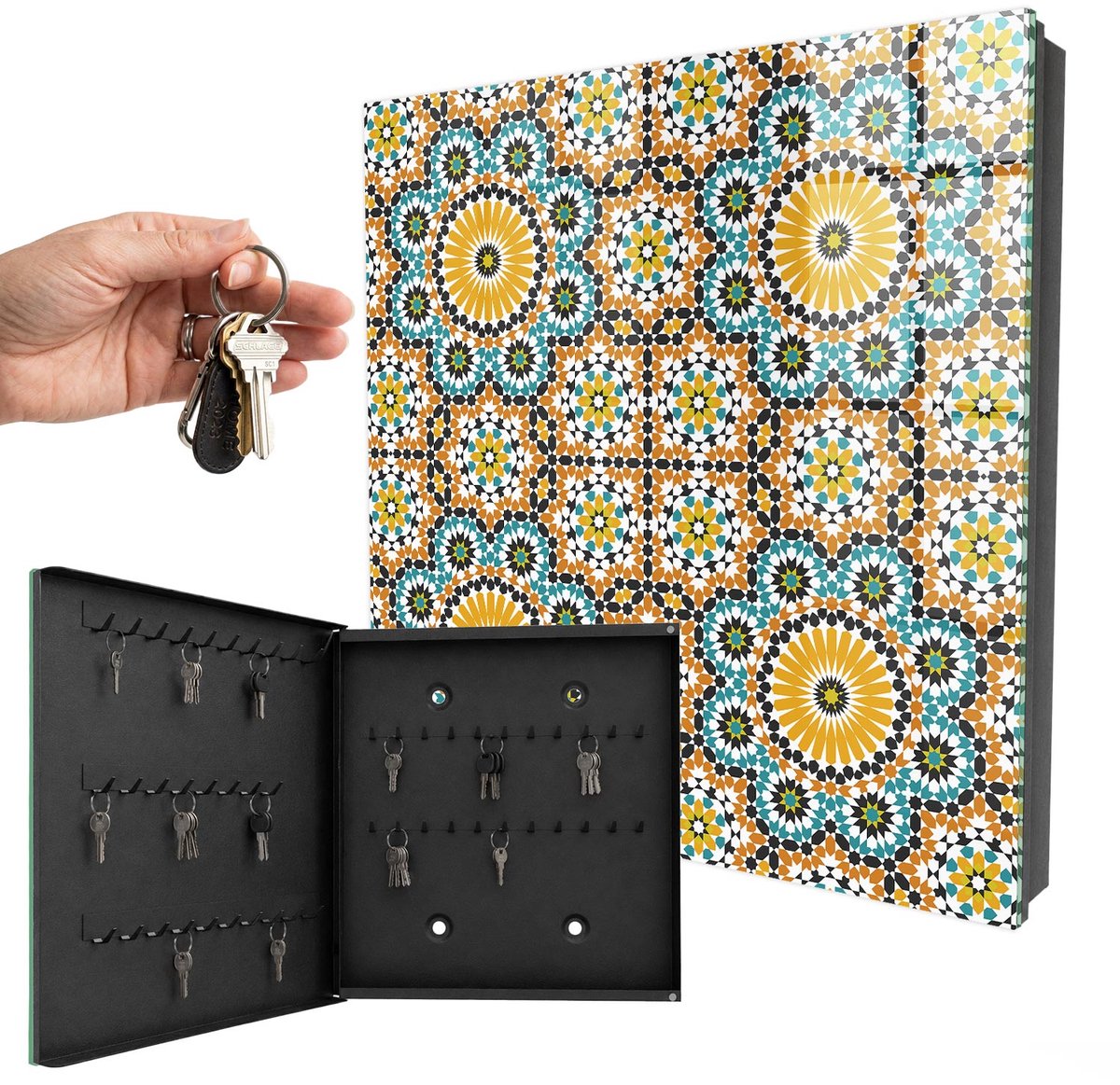 WallMuralia - Sleutelkast - 30x30x5 cm - met 50 haken - Geometrische Mozaïek Sleutelkastje Gang - Oranje Sleutelbox - Linksopenend - Zwart interieur