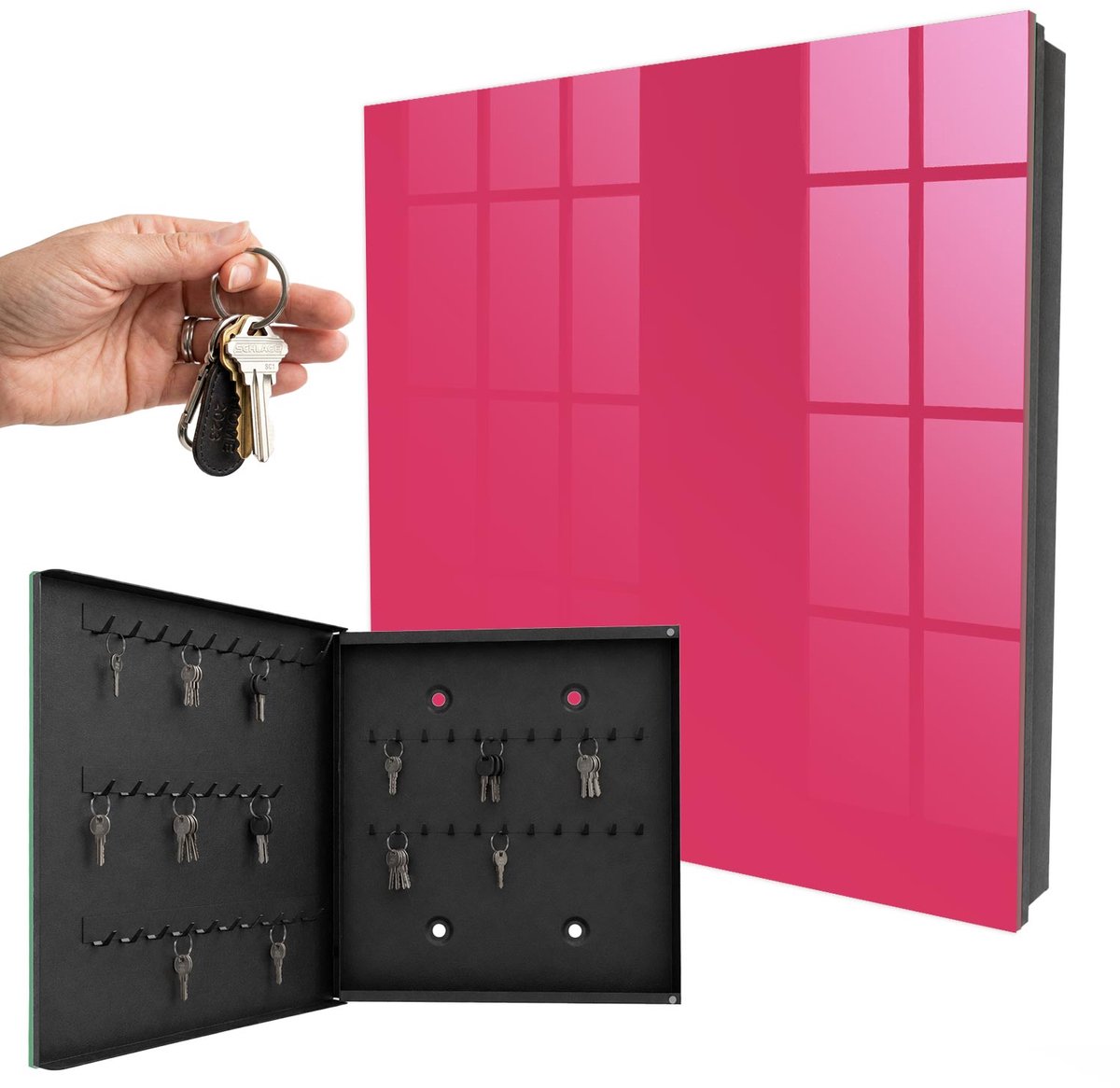 WallMuralia - Sleutelkast - 30x30x5 cm - met 50 haken - Energie Roze Groot Sleutelkastje - Roze Sleutelbox - Linksopenend - Zwart interieur