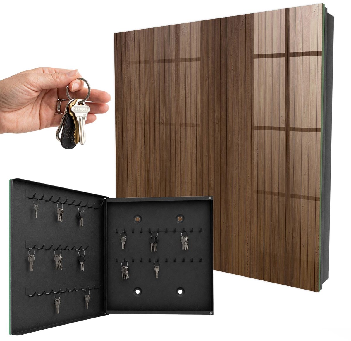 WallMuralia - Sleutelkast - 30x30x5 cm - met 50 haken - Houten Planken Sleutelkastje Landelijk - Bruin Sleutelbox - Linksopenend - Zwart interieur