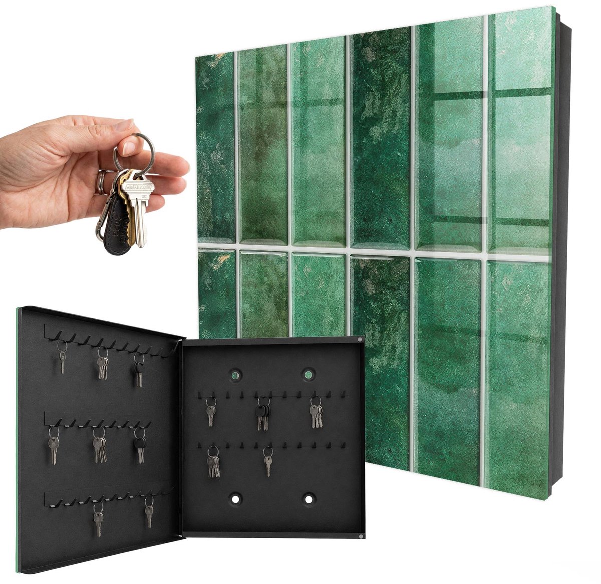 WallMuralia - Sleutelkast - 30x30x5 cm - met 50 haken - Groen Patroon Sleutelkastje - Groente Sleutelbox - Linksopenend - Zwart interieur