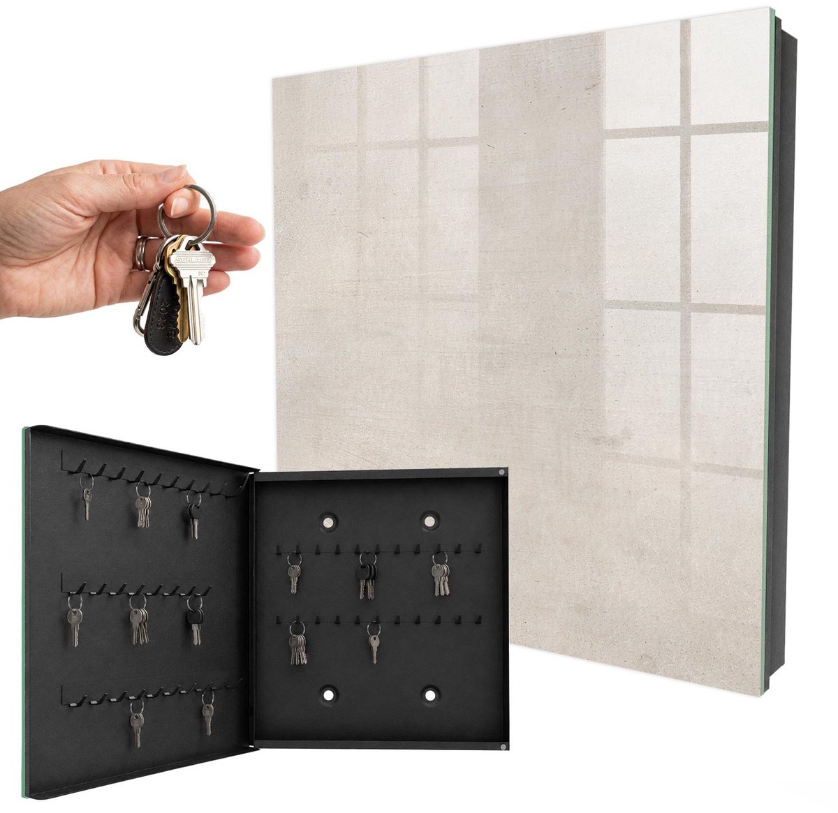 WallMuralia - Sleutelkast - 30x30x5 cm - met 50 haken - Betonstructuur Sleutelkastje Huis - Beige Sleutelbox - Linksopenend - Zwart interieur
