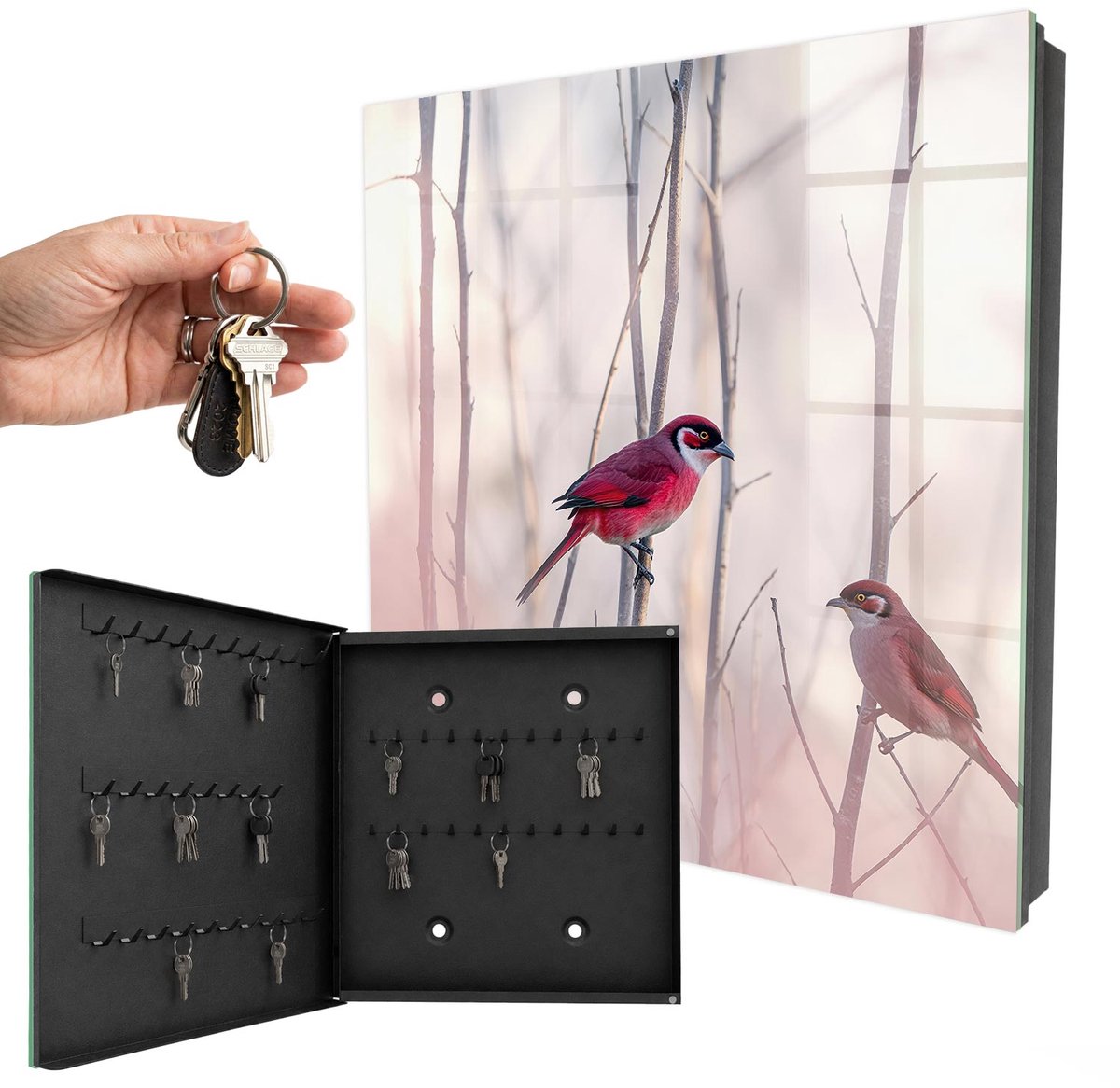 WallMuralia - Sleutelkast - 30x30x5 cm - met 50 haken - Twee Vogels Sleutelkastje Gang - Rood Sleutelbox - Linksopenend - Zwart interieur
