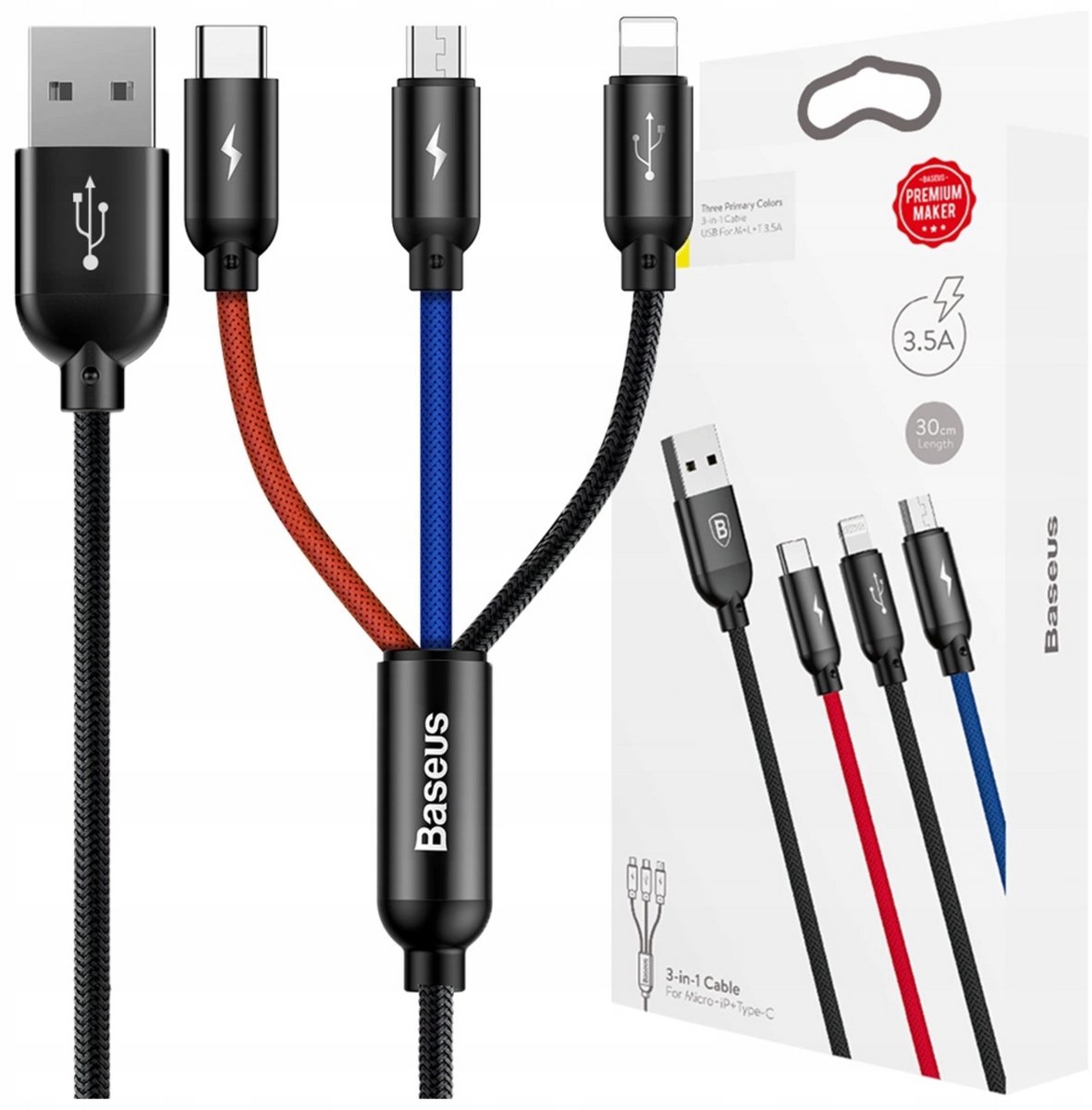Baseus Three Primary Colors - Oplaadkabel - 3-in-1 USB naar USB-C, Lightning & Micro-USB - 3.5A - 0,3 Meter