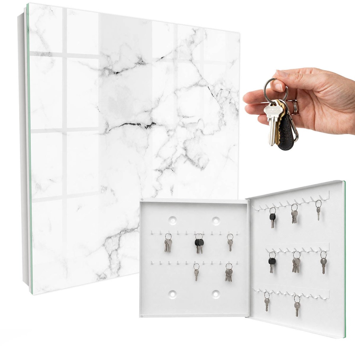 WallMuralia - Sleutelkast - 30x30x5 cm - met 50 haken - Marmerpatroon Sleutelkastje Voor Binnen - Wit Sleutelbox - Rechtsopenend - Wit interieur
