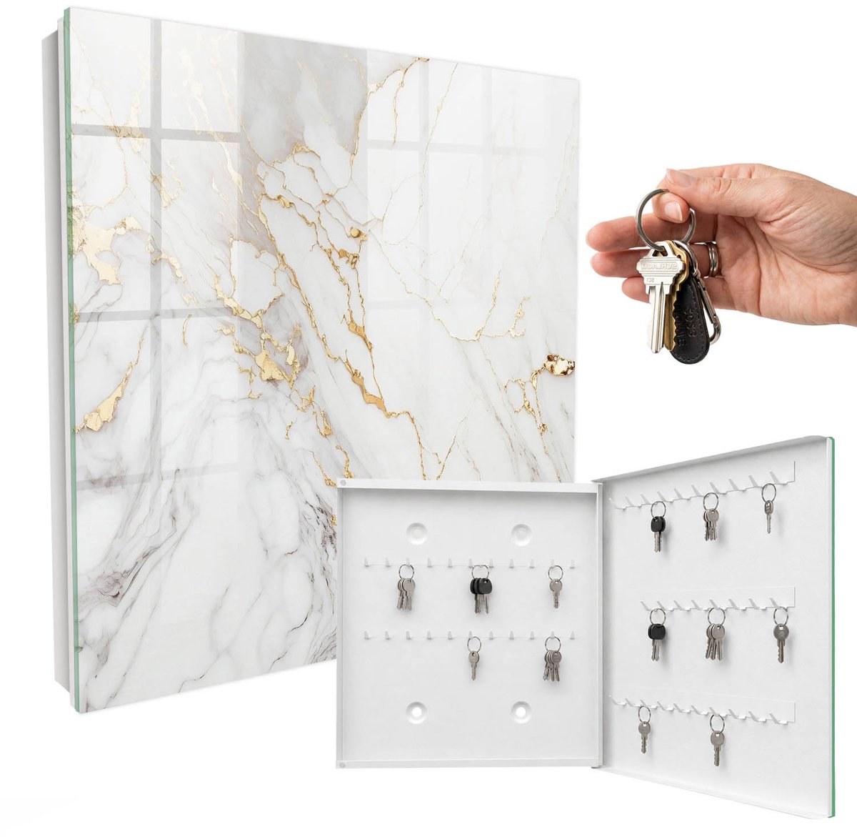 WallMuralia - Sleutelkast - 30x30x5 cm - met 50 haken - Marmeren Elegantie Groot Sleutelkastje - Wit Sleutelbox - Rechtsopenend - Wit interieur