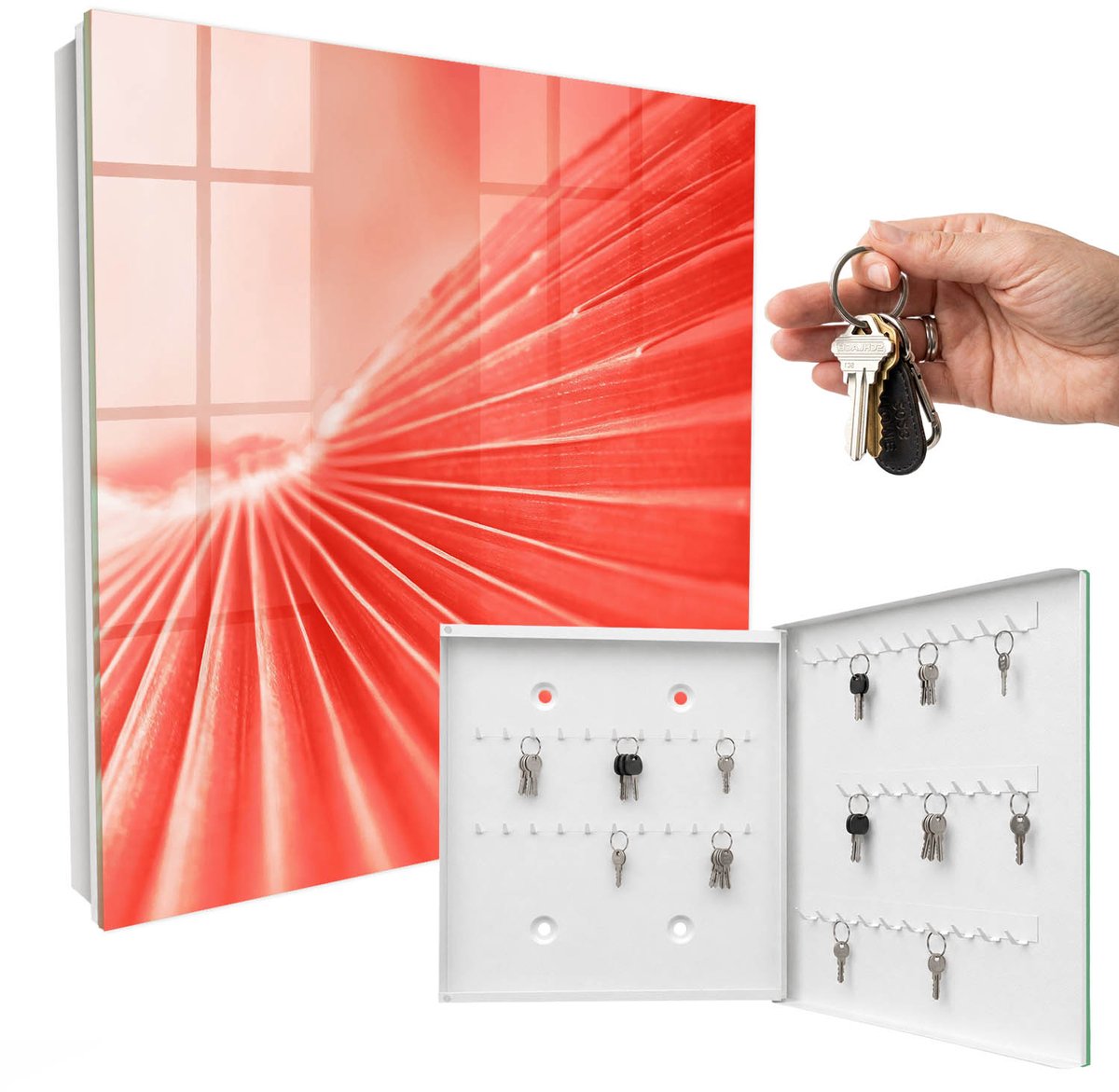 WallMuralia - Sleutelkast - 30x30x5 cm - met 50 haken - De Energie Van Kleur Sleutelkastje Muur - Rood Sleutelbox - Rechtsopenend - Wit interieur