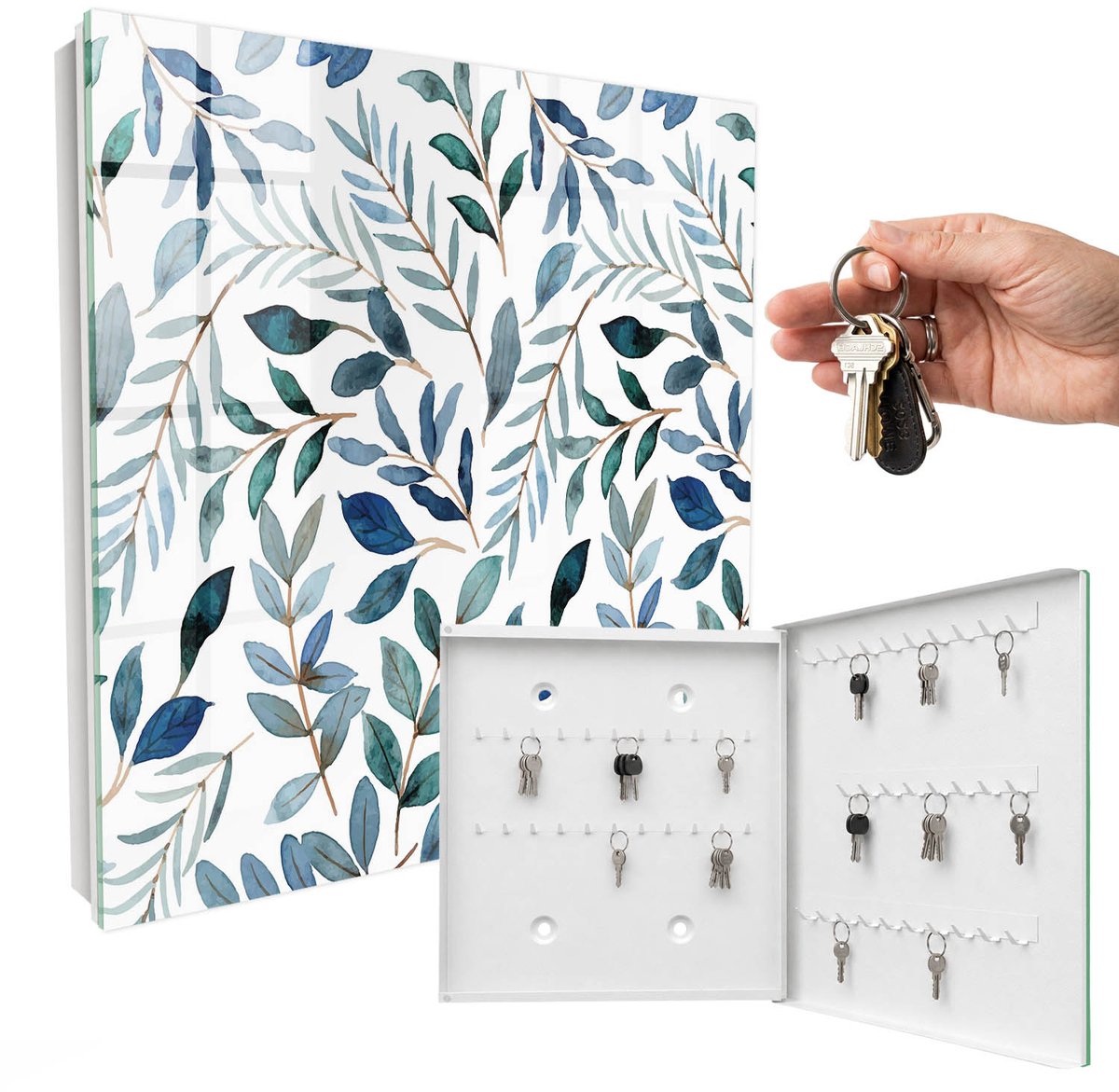 WallMuralia - Sleutelkast - 30x30x5 cm - met 50 haken - Plantaardige Aquarelverf Sleutelkastje Huis - Blauw Sleutelbox - Rechtsopenend - Wit interieur