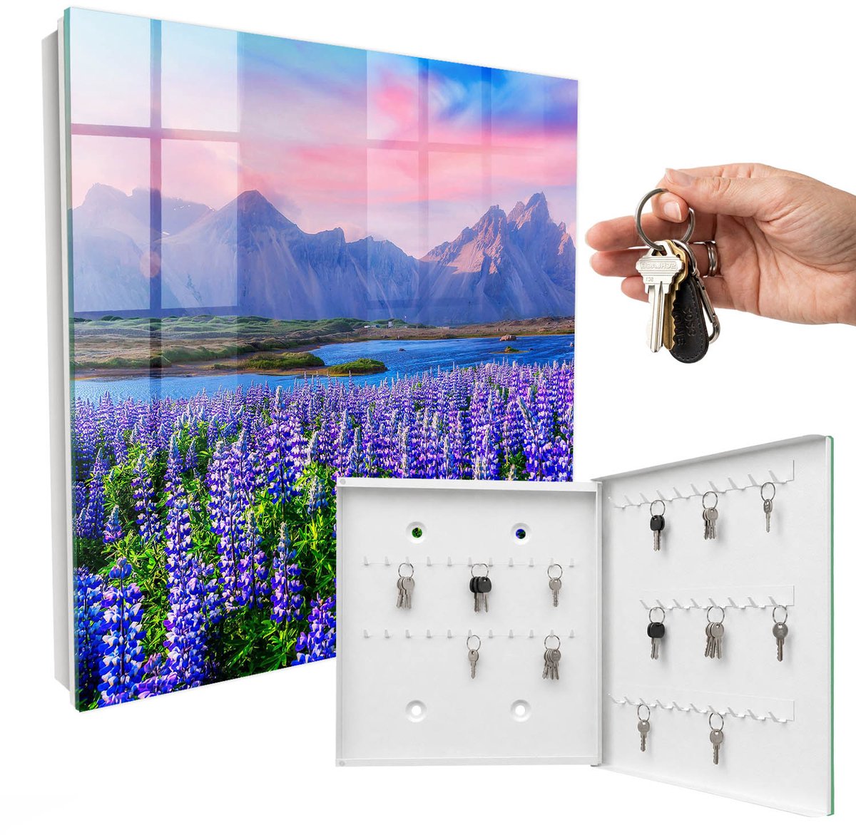 WallMuralia - Sleutelkast - 30x30x5 cm - met 50 haken - Berglandschap Leuk Sleutelkastje - Paars Sleutelbox - Rechtsopenend - Wit interieur