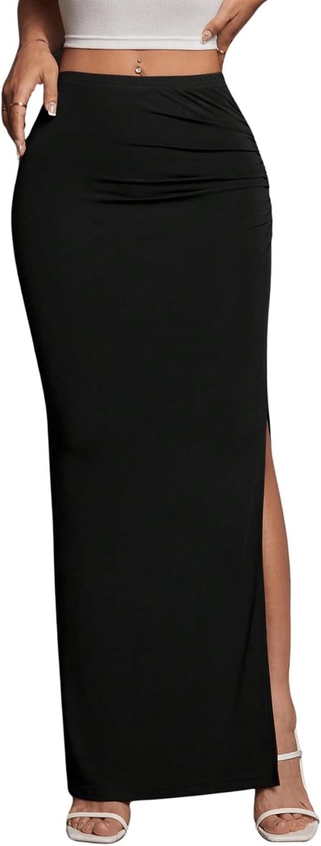 Lange rok met split voor dames, elegante rok met ruches