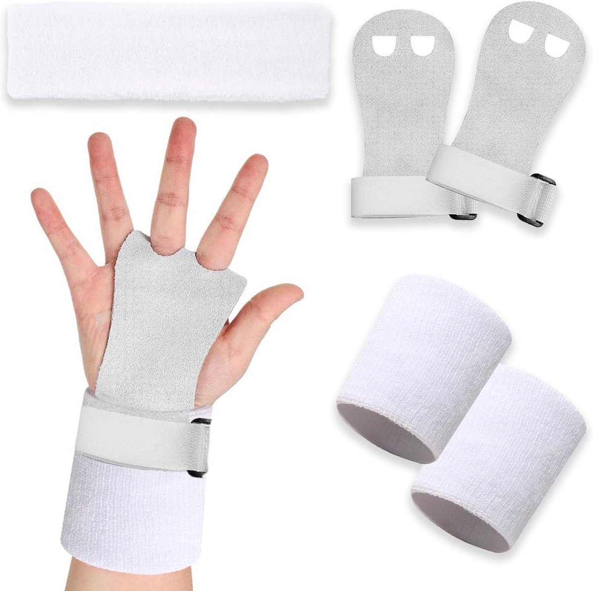 5-delige set met witte gymnastiekhandgrepen, set met polsbandjes