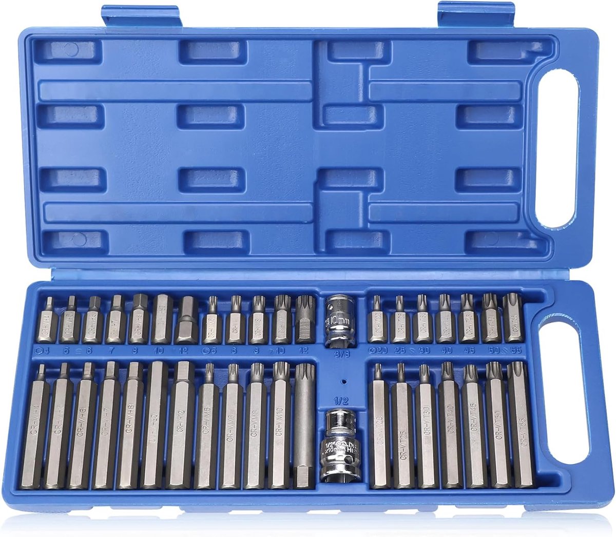 40 stuks meertand moerenset 1/2 inch, 3/8 inch, veeltand-bitset, steeksleutelset bevat torx-, zeskantige en spline, T20-T55, M5-M12, H4-H12