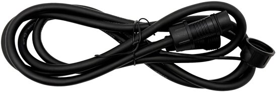 Zwarte elektrische kabel, opgerold, met aan beide uiteinden een connector.