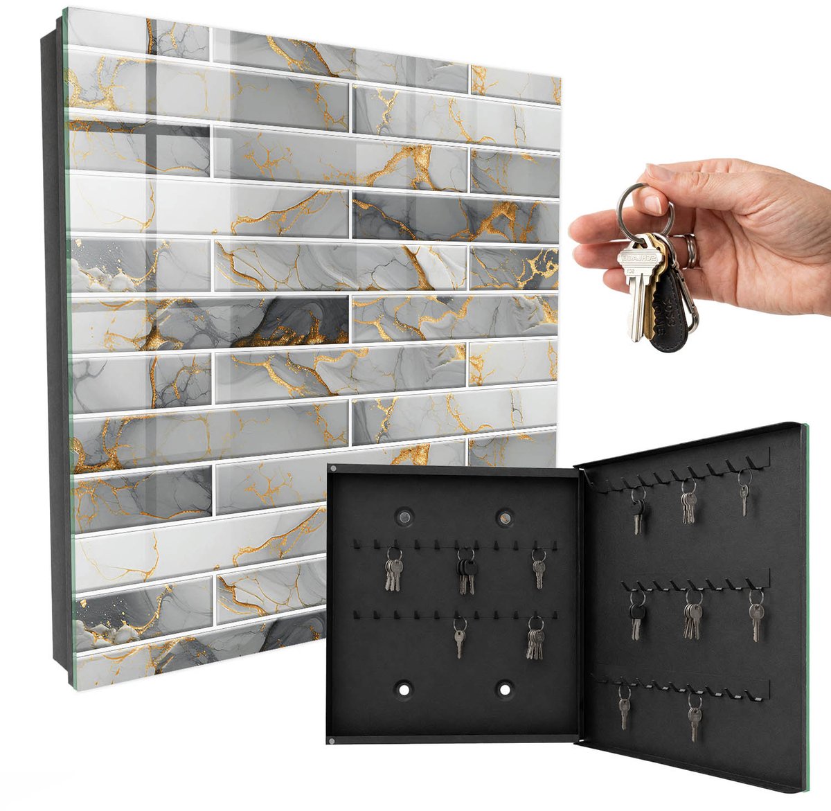 WallMuralia - Sleutelkast - 30x30x5 cm - met 50 haken - Moderne Elegantie Sleutelkastje Modern - Grijs Sleutelbox - Rechtsopenend - Zwart interieur