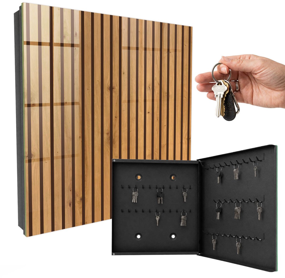 WallMuralia - Sleutelkast - 30x30x5 cm - met 50 haken - Houten Muur Sleutelkastje Huis - Bruin Sleutelbox - Rechtsopenend - Zwart interieur