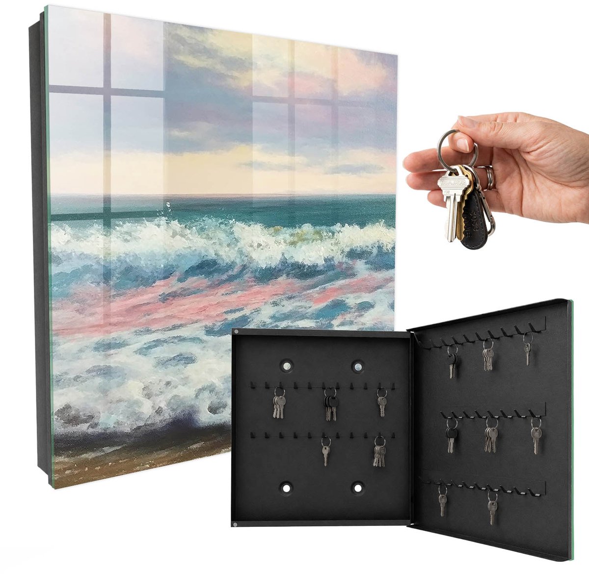 WallMuralia - Sleutelkast - 30x30x5 cm - met 50 haken - Zeegezicht Leuk Sleutelkastje - Blauw Sleutelbox - Rechtsopenend - Zwart interieur