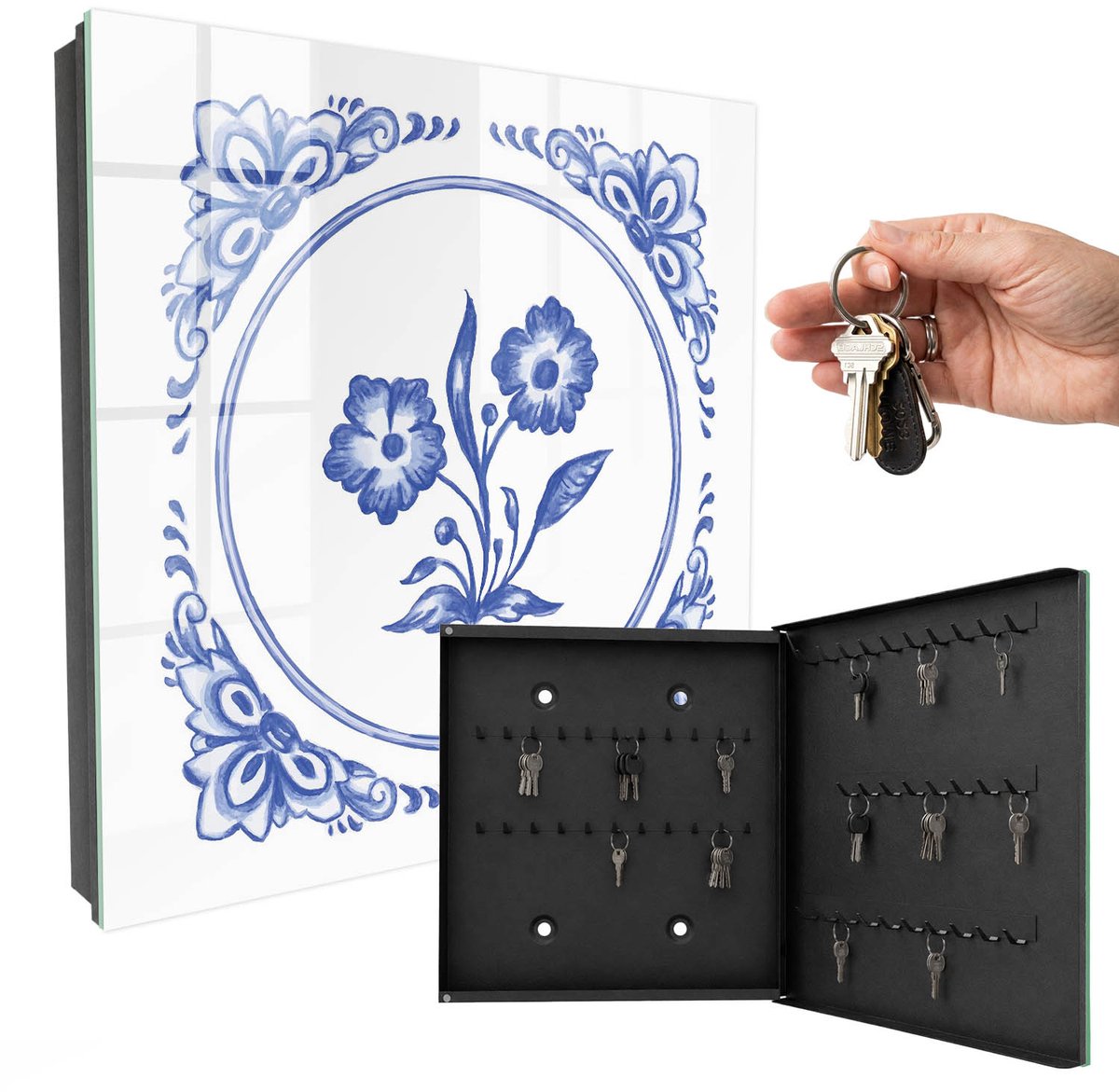 WallMuralia - Sleutelkast - 30x30x5 cm - met 50 haken - Blauwe Bloemen Sleutelkastje Landelijk - Blauw Sleutelbox - Rechtsopenend - Zwart interieur