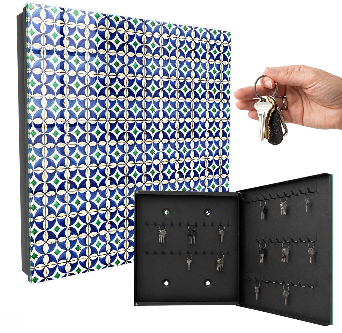 WallMuralia - Sleutelkast - 30x30x5 cm - met 50 haken - Geometrische Abstractie Sleutelkastje - Blauw Sleutelbox - Rechtsopenend - Zwart interieur