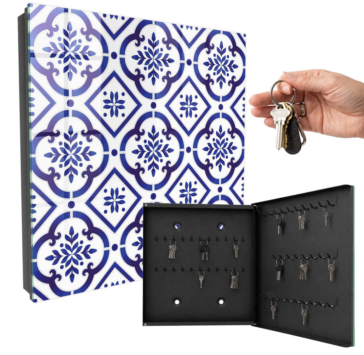 WallMuralia - Sleutelkast - 30x30x5 cm - met 50 haken - Elegante Patronen Design Sleutelkastje - Blauw Sleutelbox - Rechtsopenend - Zwart interieur