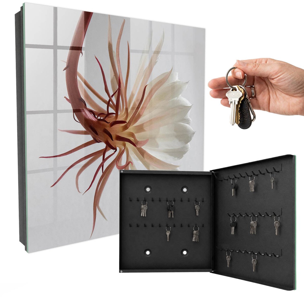 WallMuralia - Sleutelkast - 30x30x5 cm - met 50 haken - De Elegantie Van De Natuur Sleutelkastje Gang - Romig Sleutelbox - Rechtsopenend - Zwart interieur
