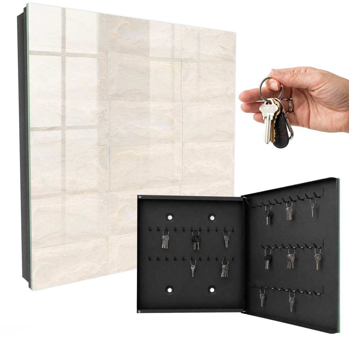 WallMuralia - Sleutelkast - 30x30x5 cm - met 50 haken - Crème Steen Groot Sleutelkastje - Romig Sleutelbox - Rechtsopenend - Zwart interieur
