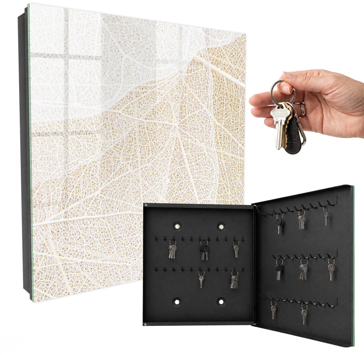 WallMuralia - Sleutelkast - 30x30x5 cm - met 50 haken - Subtiele Elegantie Sleutelkastje - Beige Sleutelbox - Rechtsopenend - Zwart interieur