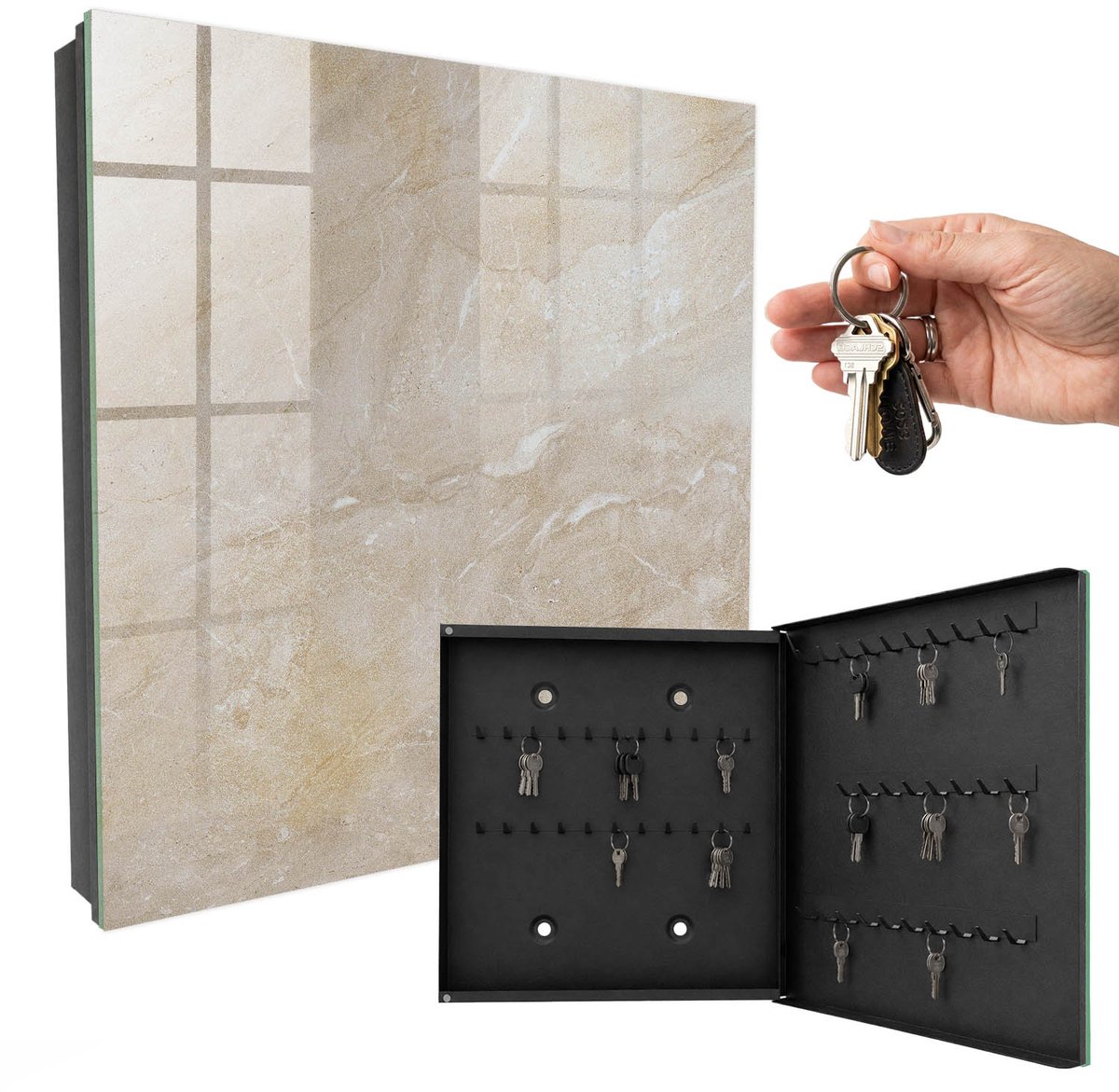 WallMuralia - Sleutelkast - 30x30x5 cm - met 50 haken - Minerale Elegantie Sleutelkastje - Beige Sleutelbox - Rechtsopenend - Zwart interieur