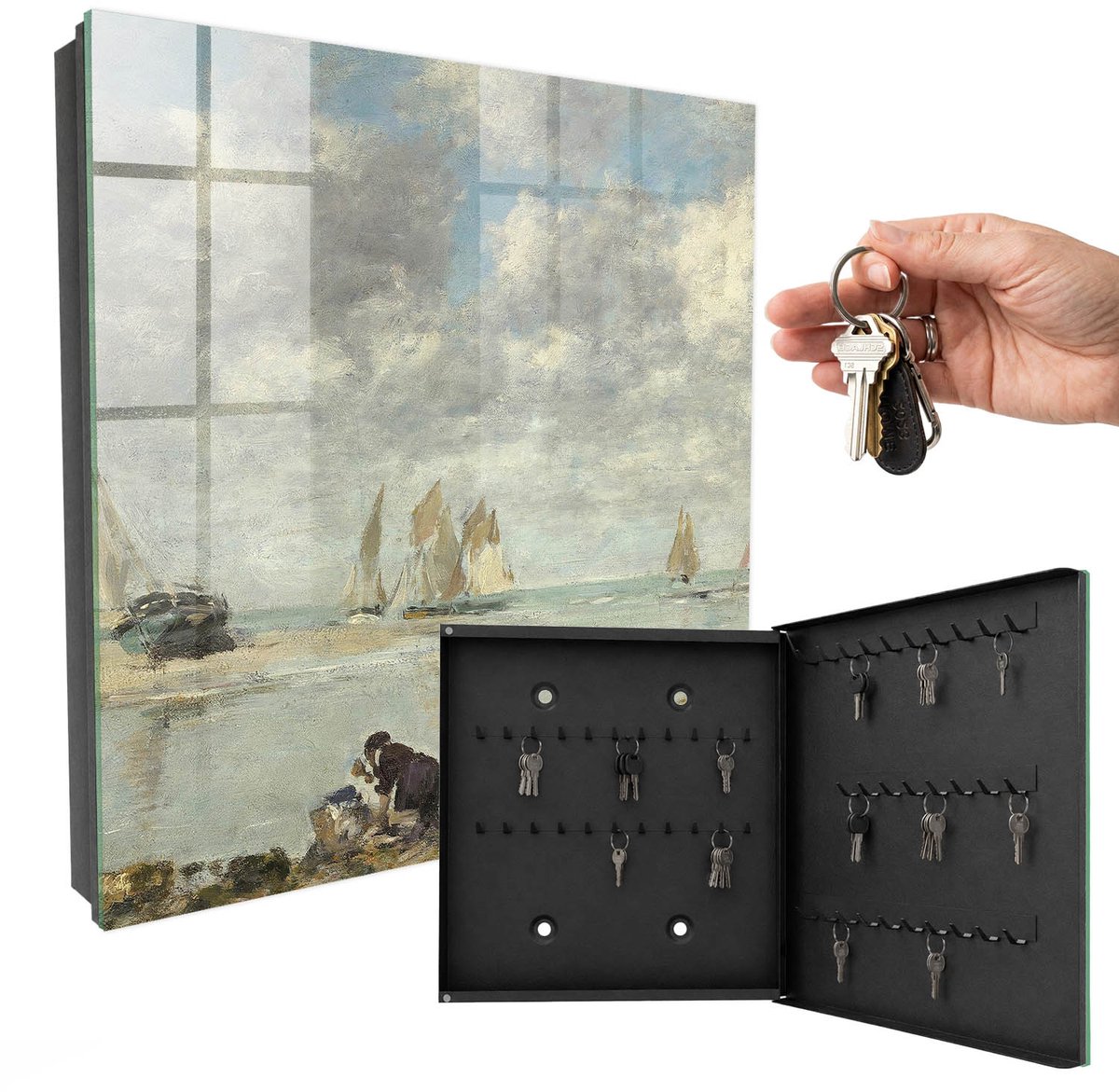 WallMuralia - Sleutelkast - 30x30x5 cm - met 50 haken - Zeilboten Sleutelkastje - Blauw Sleutelbox - Rechtsopenend - Zwart interieur