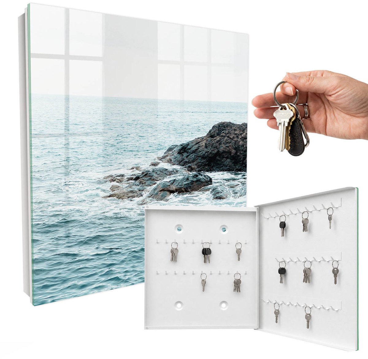 WallMuralia - Sleutelkast - 30x30x5 cm - met 50 haken - Zeegolven Sleutelkastje Landelijk - Turkoois Sleutelbox - Rechtsopenend - Wit interieur