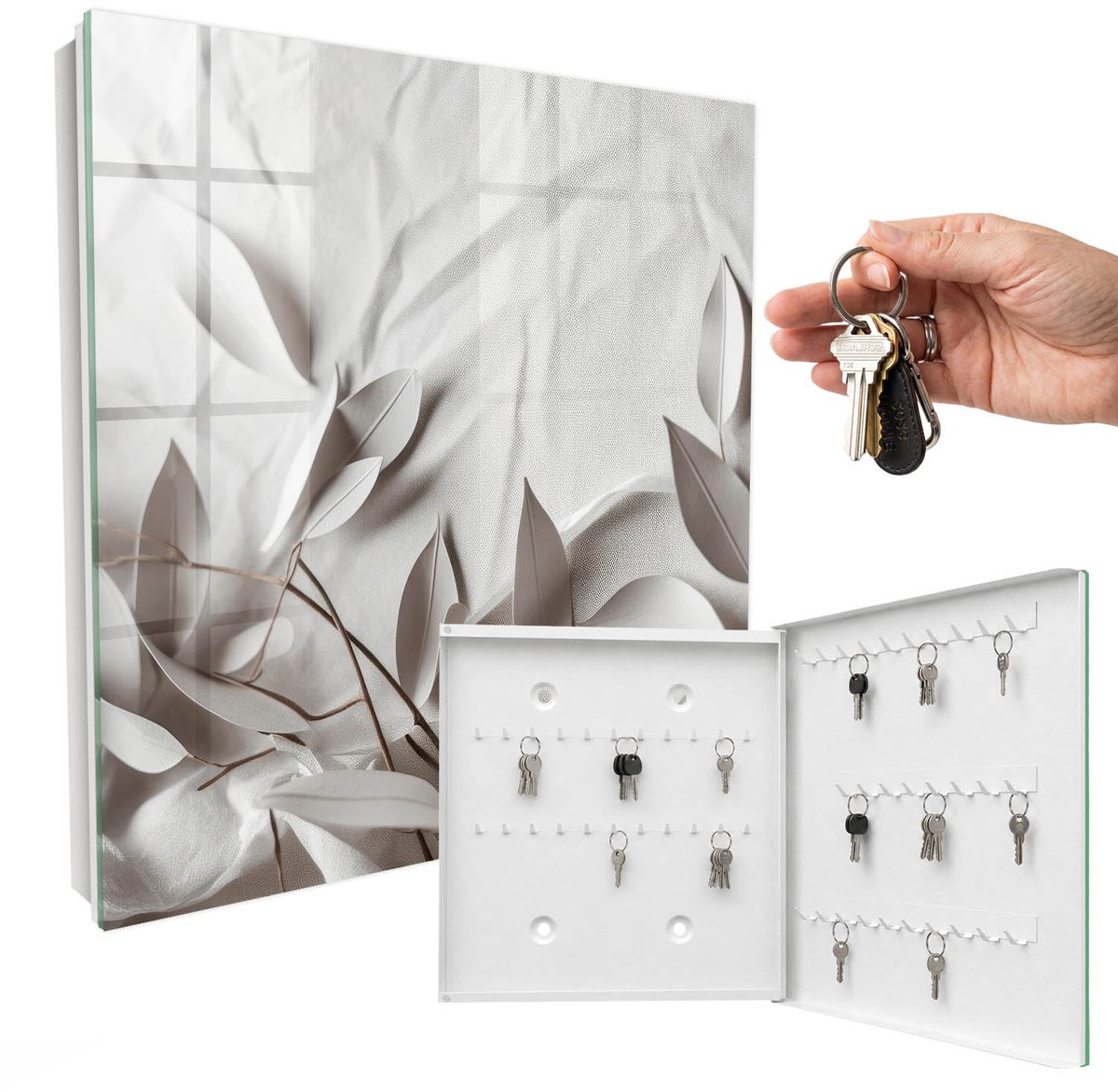 WallMuralia - Sleutelkast - 30x30x5 cm - met 50 haken - Bladstof Design Sleutelkastje - Beige Sleutelbox - Rechtsopenend - Wit interieur