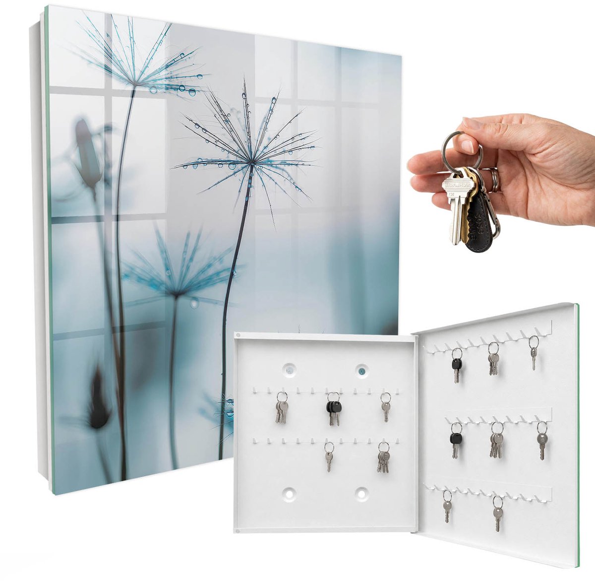WallMuralia - Sleutelkast - 30x30x5 cm - met 50 haken - Paardenbloemen En Dauw Sleutelkastje Gang - Blauw Sleutelbox - Rechtsopenend - Wit interieur
