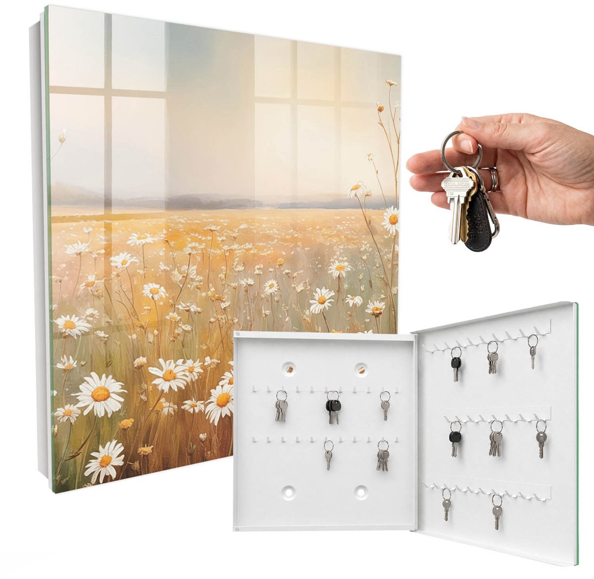 WallMuralia - Sleutelkast - 30x30x5 cm - met 50 haken - Bloemenweide Sleutelkastje Gang - Oranje Sleutelbox - Rechtsopenend - Wit interieur