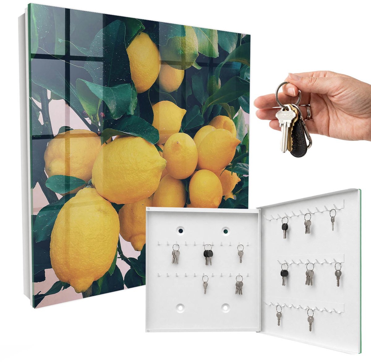 WallMuralia - Sleutelkast - 30x30x5 cm - met 50 haken - Groene Bladeren Sleutelkastje Design - Groente Sleutelbox - Rechtsopenend - Wit interieur
