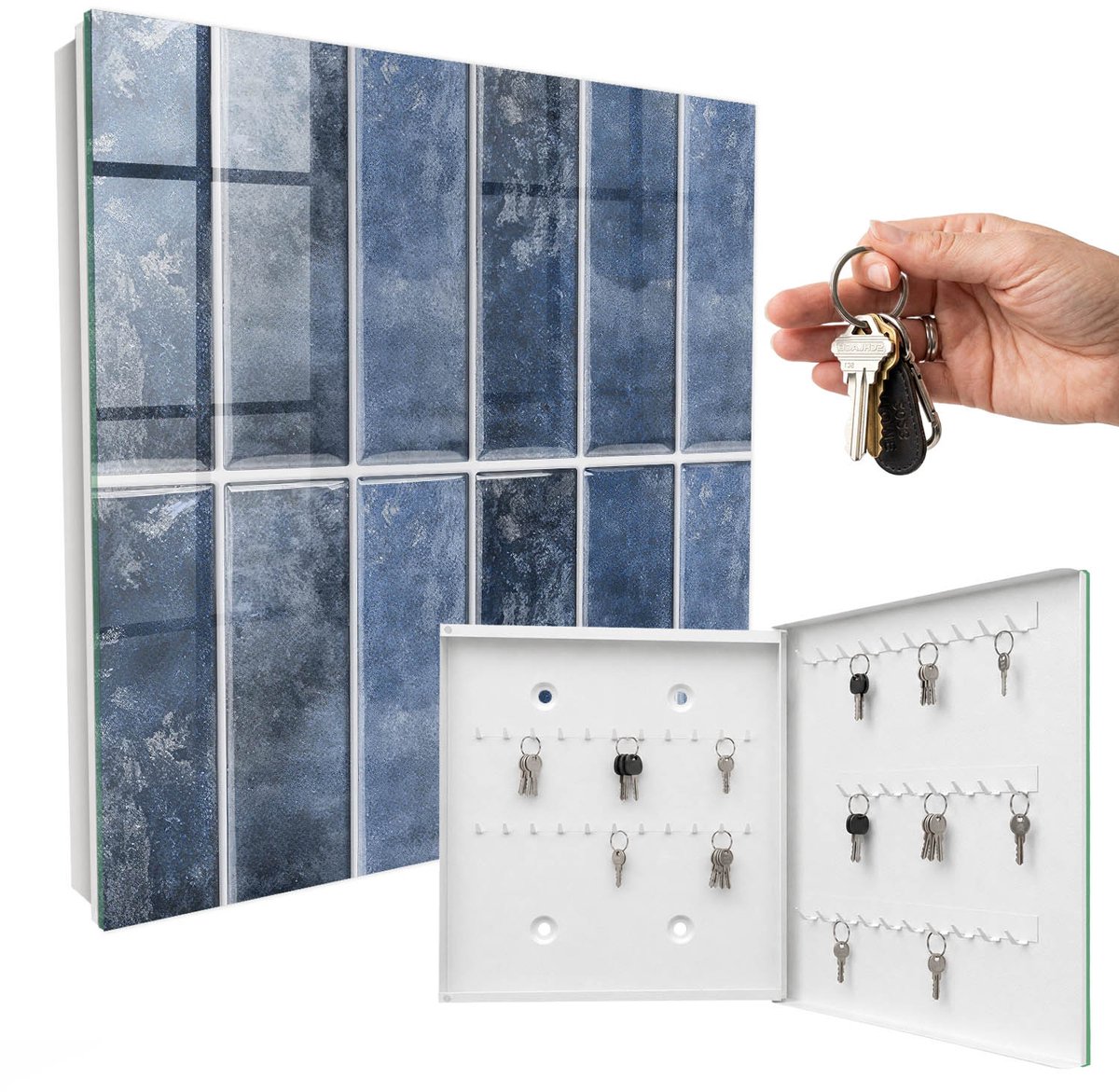 WallMuralia - Sleutelkast - 30x30x5 cm - met 50 haken - Blauwe Tegels Sleutelkastje Huis - Blauw Sleutelbox - Rechtsopenend - Wit interieur